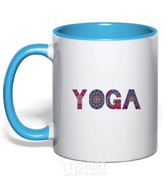 Mug with a colored handle Yoga text sky-blue фото