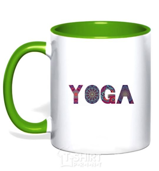 Mug with a colored handle Yoga text kelly-green фото