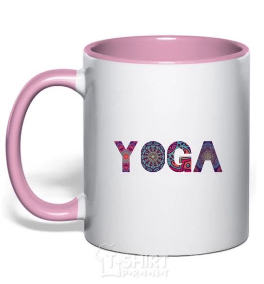 Mug with a colored handle Yoga text light-pink фото