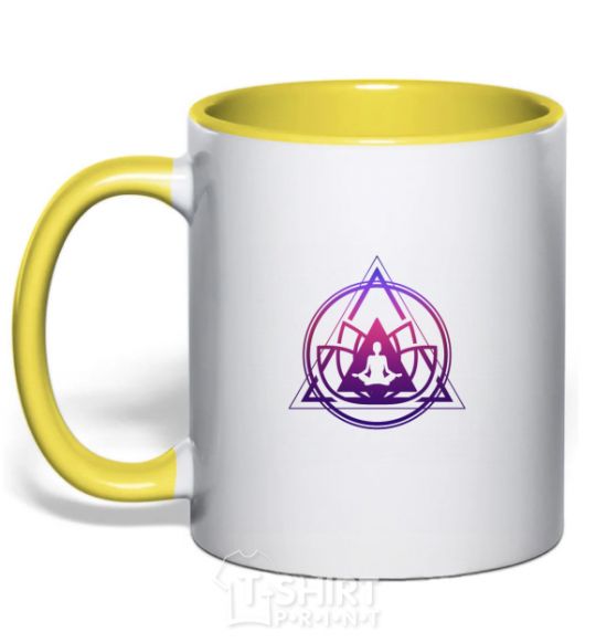 Mug with a colored handle Yoga lotus yellow фото