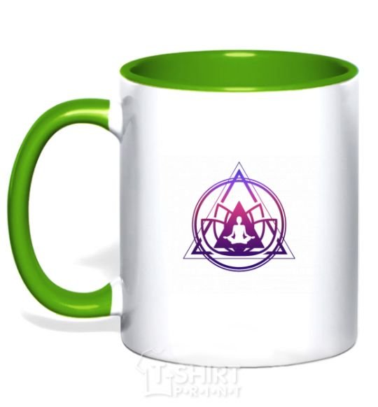 Mug with a colored handle Yoga lotus kelly-green фото