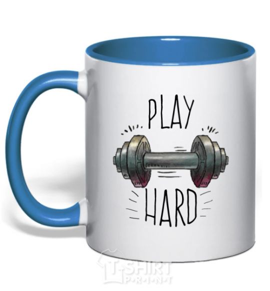Mug with a colored handle Play hard royal-blue фото