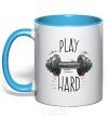Mug with a colored handle Play hard sky-blue фото
