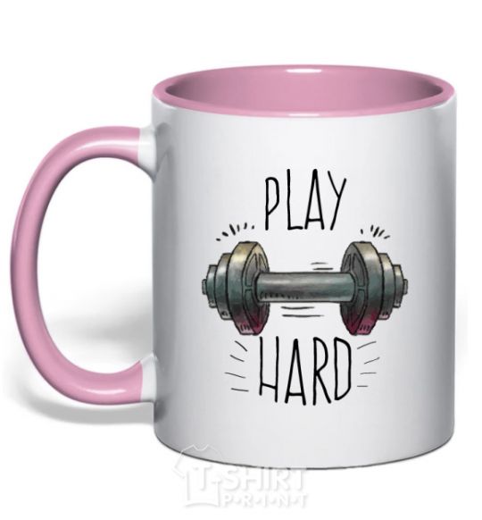 Mug with a colored handle Play hard light-pink фото