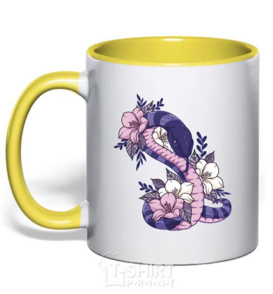 Mug with a colored handle A snake in flowers yellow фото