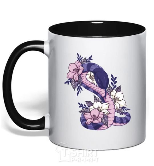 Mug with a colored handle A snake in flowers black фото