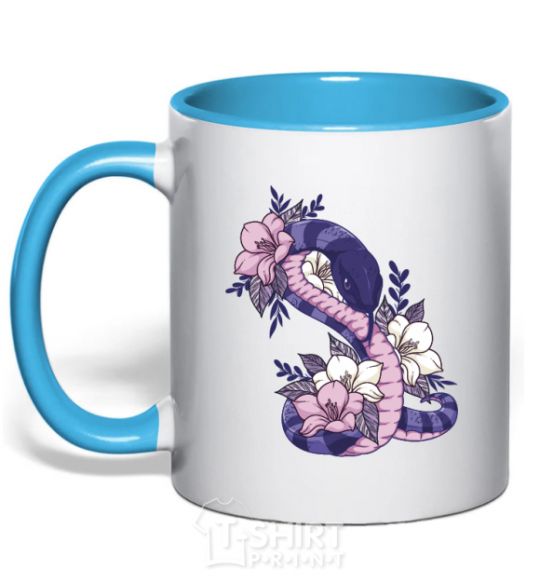 Mug with a colored handle A snake in flowers sky-blue фото