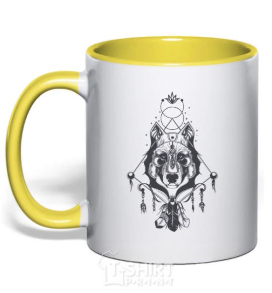 Mug with a colored handle Boho wolf yellow фото