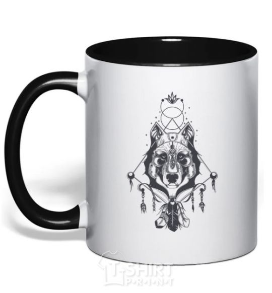 Mug with a colored handle Boho wolf black фото