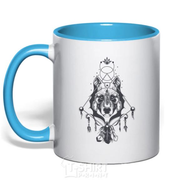 Mug with a colored handle Boho wolf sky-blue фото