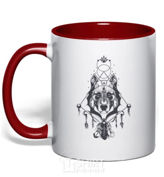 Mug with a colored handle Boho wolf red фото