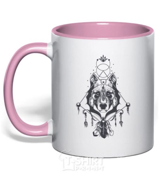 Mug with a colored handle Boho wolf light-pink фото