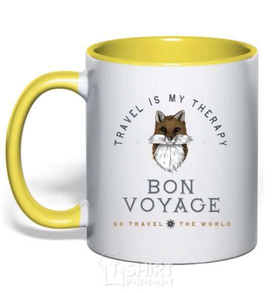 Mug with a colored handle Travel is my therapy Bon Voyage yellow фото