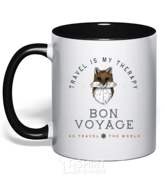 Mug with a colored handle Travel is my therapy Bon Voyage black фото