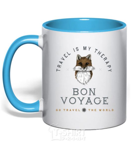 Mug with a colored handle Travel is my therapy Bon Voyage sky-blue фото