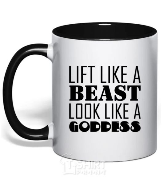 Mug with a colored handle Lift like a beast look like a goddess black фото