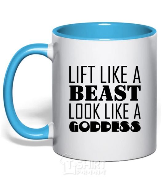 Mug with a colored handle Lift like a beast look like a goddess sky-blue фото