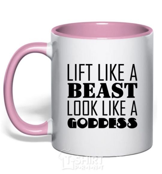 Mug with a colored handle Lift like a beast look like a goddess light-pink фото