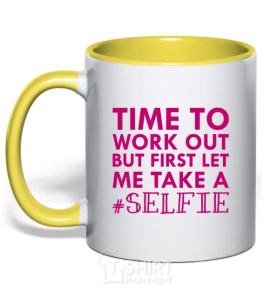 Mug with a colored handle Time to work out but first let me take a selfie yellow фото