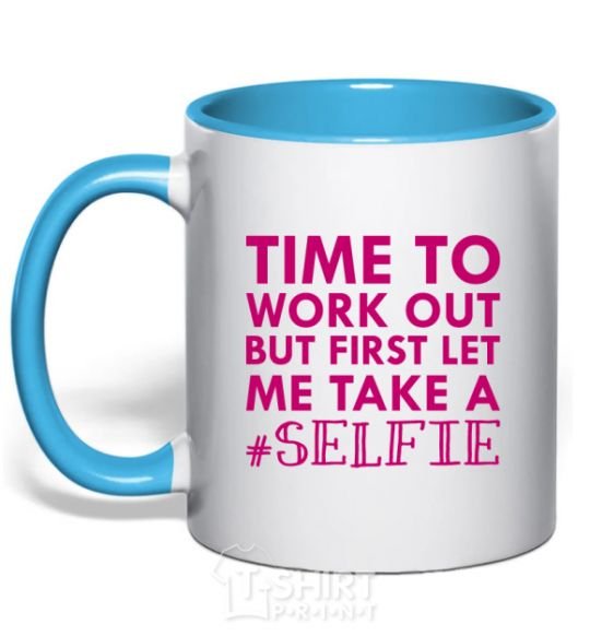 Mug with a colored handle Time to work out but first let me take a selfie sky-blue фото