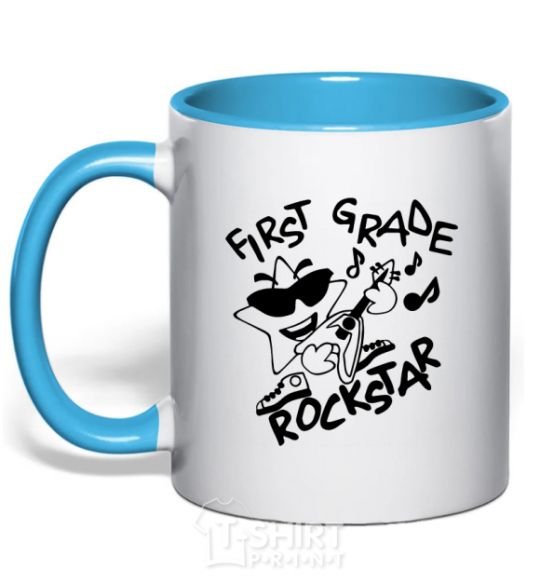 Mug with a colored handle First grade rockstar sky-blue фото