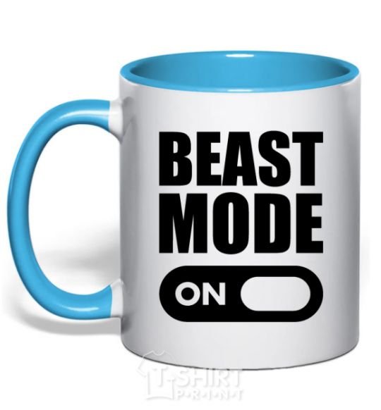 Mug with a colored handle Beast mode on sky-blue фото