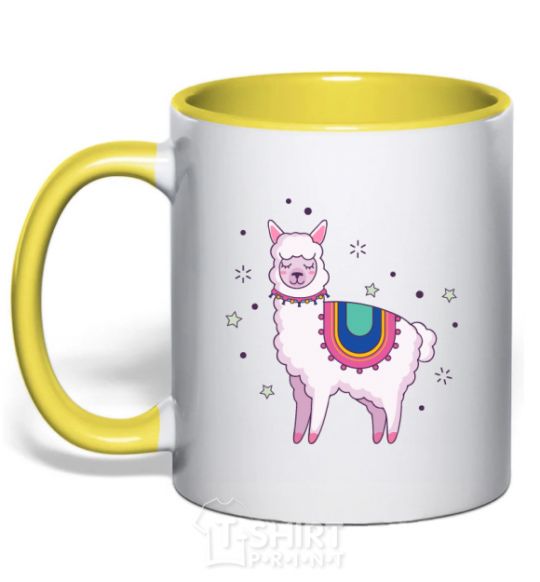 Mug with a colored handle Alpaca stars yellow фото