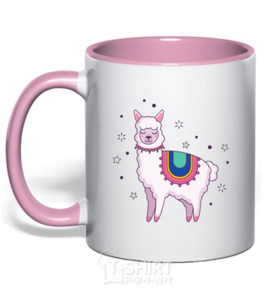 Mug with a colored handle Alpaca stars light-pink фото