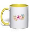 Mug with a colored handle Flowers and butterfly yellow фото