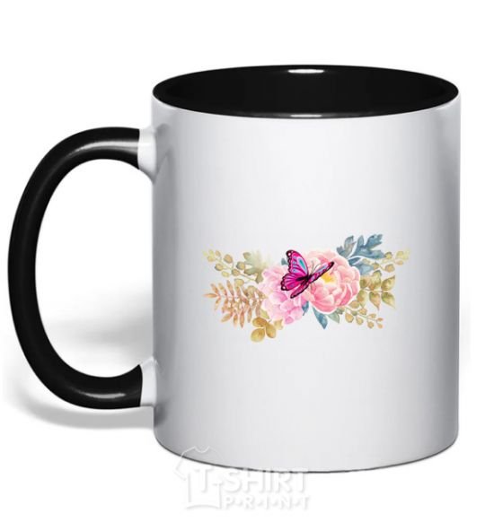 Mug with a colored handle Flowers and butterfly black фото