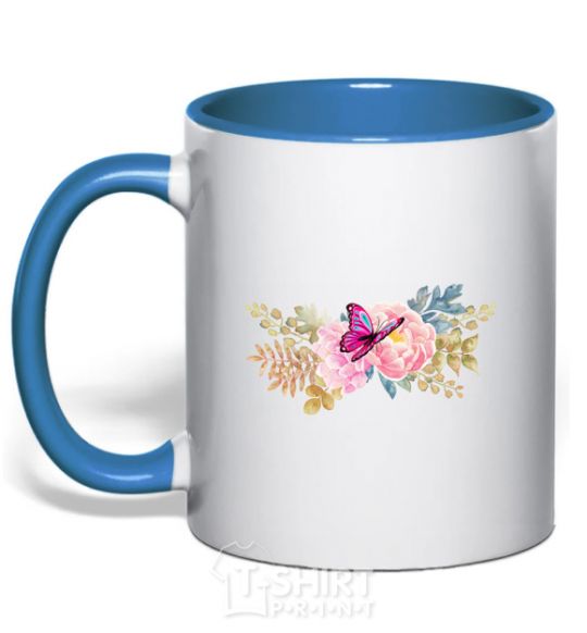 Mug with a colored handle Flowers and butterfly royal-blue фото