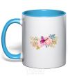 Mug with a colored handle Flowers and butterfly sky-blue фото