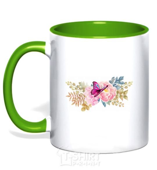 Mug with a colored handle Flowers and butterfly kelly-green фото