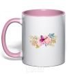 Mug with a colored handle Flowers and butterfly light-pink фото