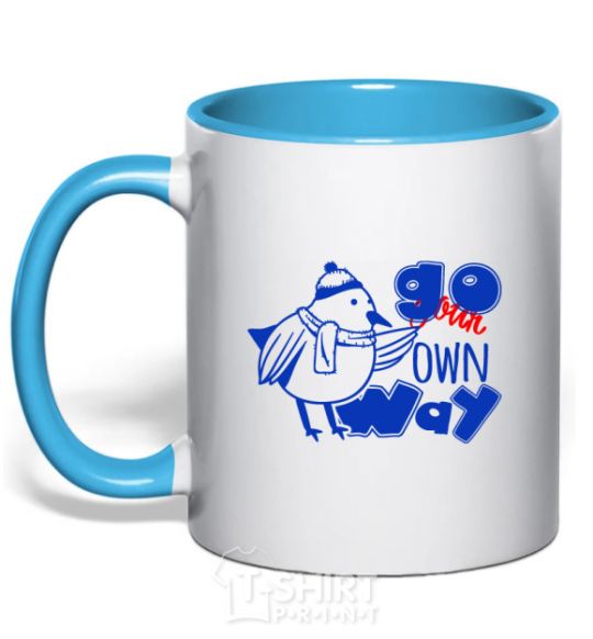 Mug with a colored handle Go your own way bird sky-blue фото