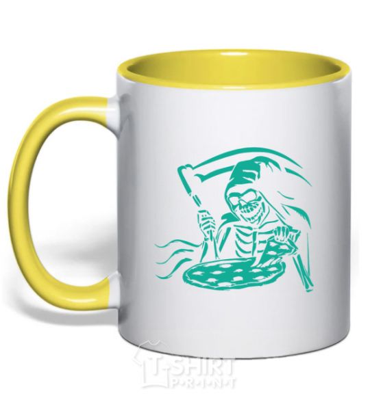 Mug with a colored handle Death eat pizza yellow фото