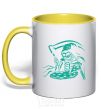 Mug with a colored handle Death eat pizza yellow фото