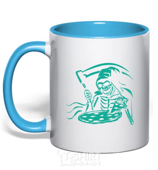Mug with a colored handle Death eat pizza sky-blue фото