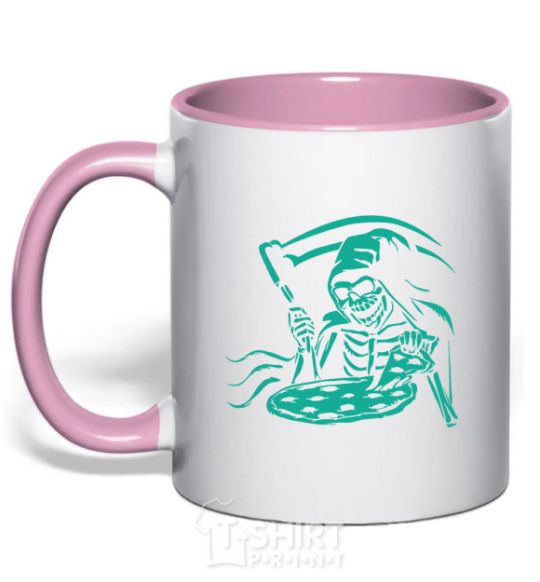 Mug with a colored handle Death eat pizza light-pink фото