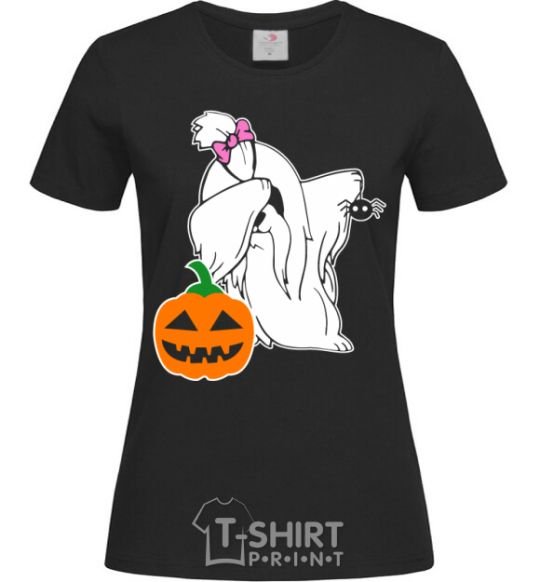 Women's T-shirt A dog with a spider black фото