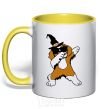 Mug with a colored handle Dabbing dog in hat yellow фото