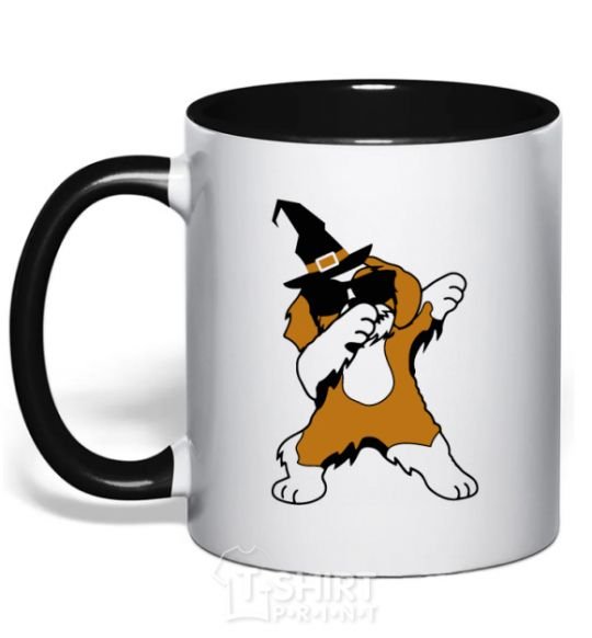 Mug with a colored handle Dabbing dog in hat black фото