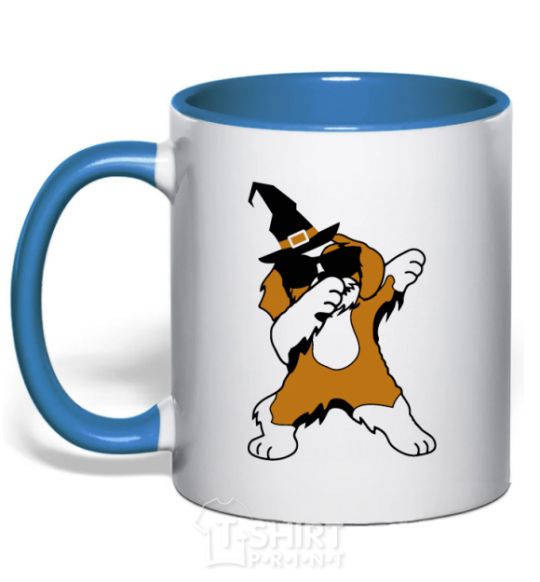 Mug with a colored handle Dabbing dog in hat royal-blue фото