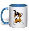 Mug with a colored handle Dabbing dog in hat royal-blue фото