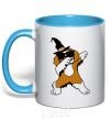 Mug with a colored handle Dabbing dog in hat sky-blue фото