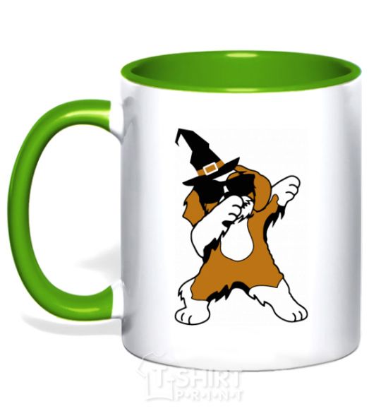 Mug with a colored handle Dabbing dog in hat kelly-green фото