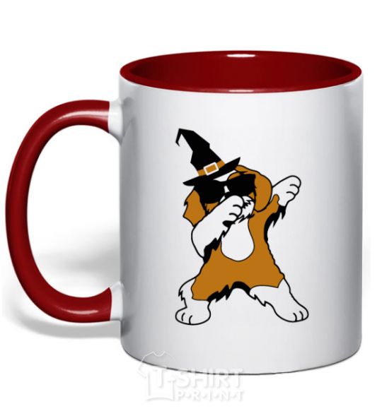 Mug with a colored handle Dabbing dog in hat red фото