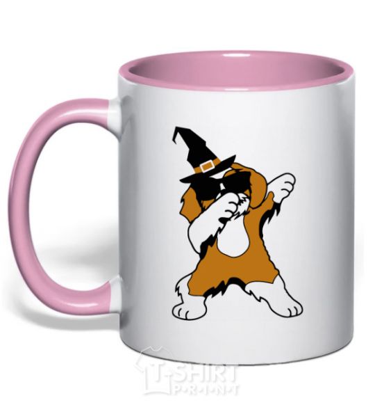 Mug with a colored handle Dabbing dog in hat light-pink фото