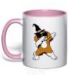 Mug with a colored handle Dabbing dog in hat light-pink фото