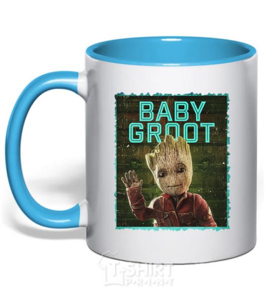 Mug with a colored handle Baby groot sky-blue фото